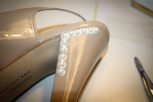 Chantel shoes, bedazzling shoes, pearl shoes, making shoes